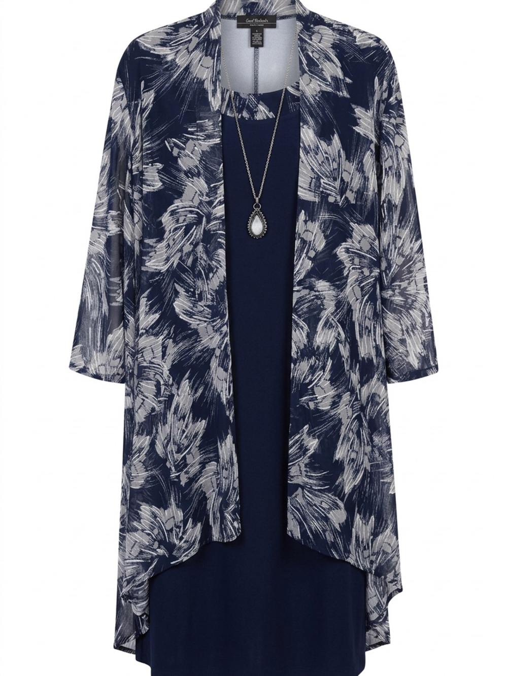 R&M Richards Navy and White Floral Jacket Dress with Necklace